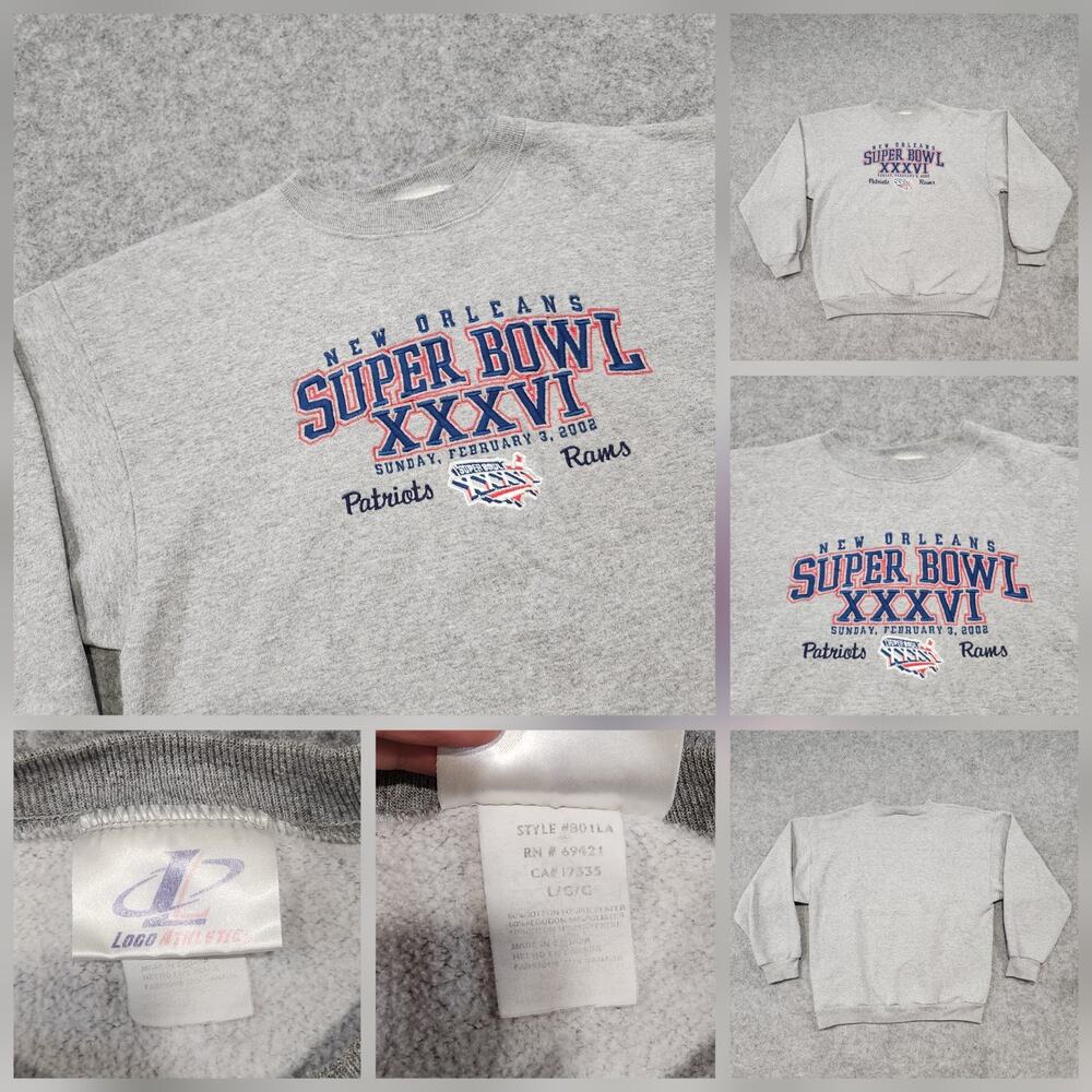 VTG Super Bowl XXXVI Patriots Rams Logo Athletic Men L Large Crewneck Sweatshirt